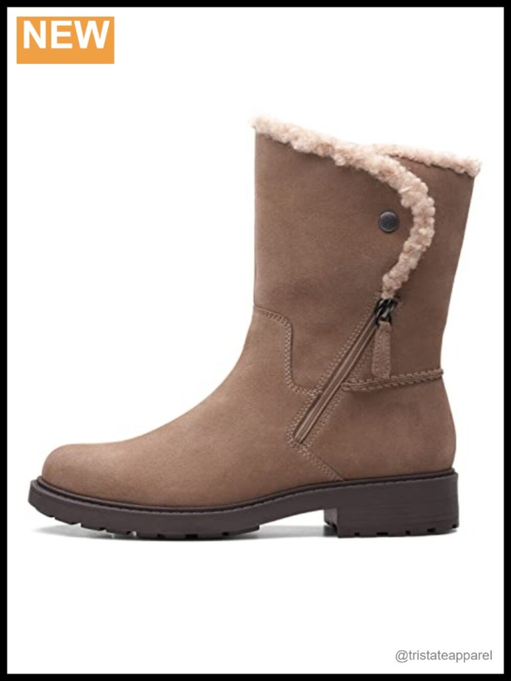 Clarks Women's Opal Zip Mid-Calf Boots Suede Faux Fur Lining Side Zip